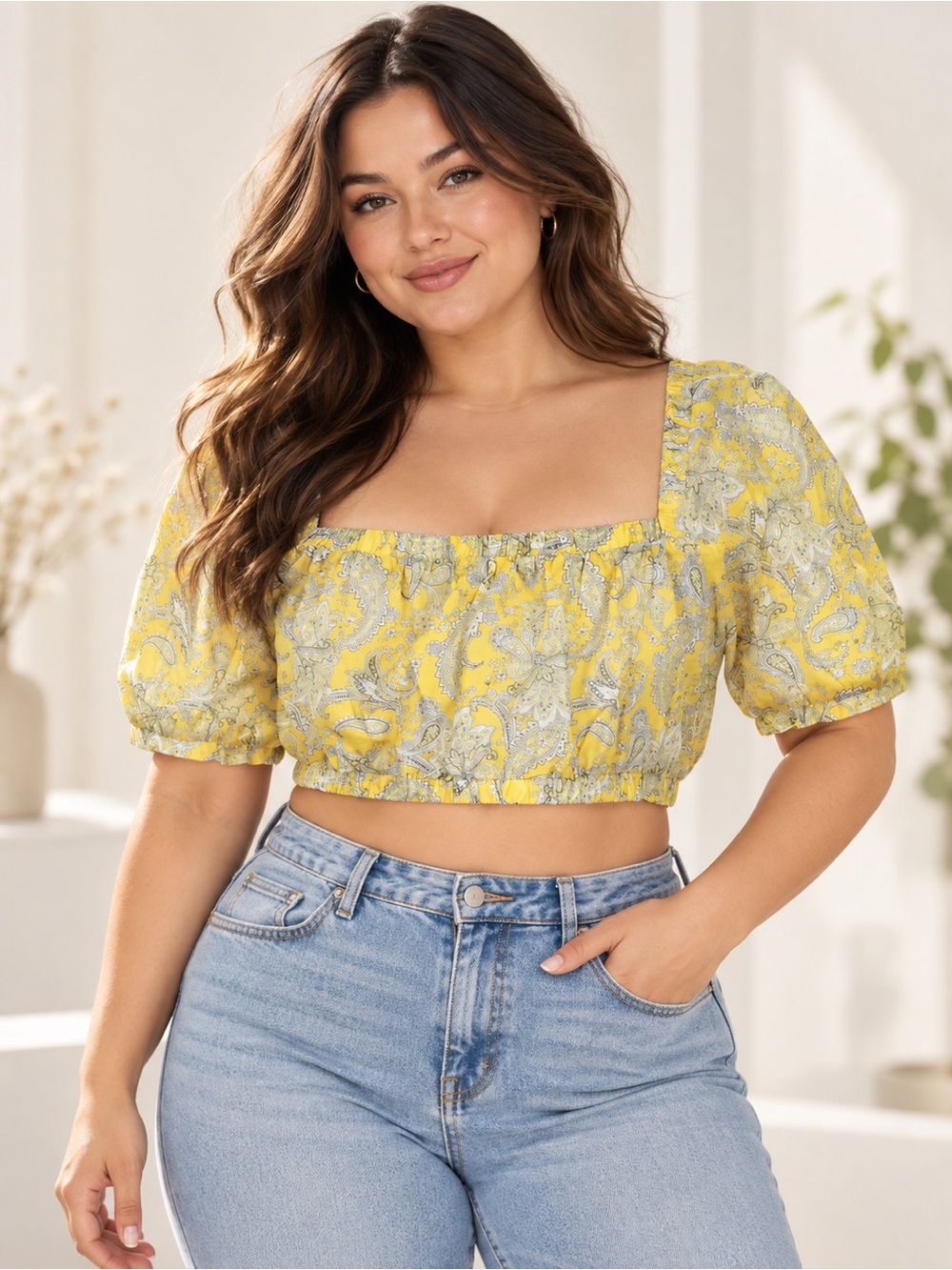 H&M Divided Yellow Paisley Crop Top Women’s XL Puff Sleeve Tie Back